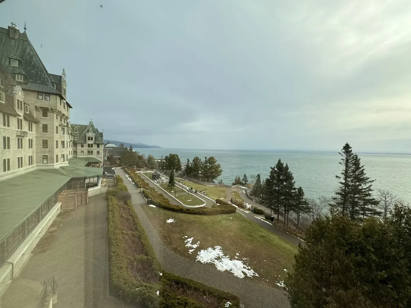 Historic resort facade facing water